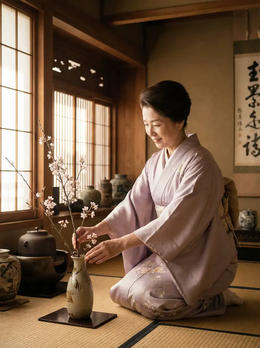 一位优雅的 寸止挑战 在和室中插花